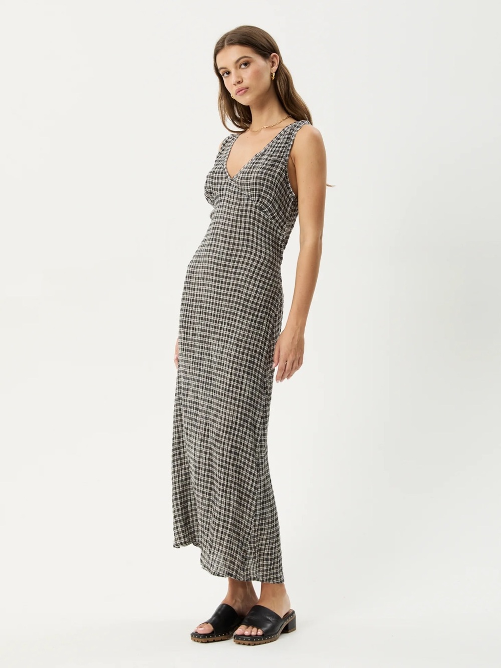 NWT Afends Tully Seersucker Hemp Maxi Dress in Asta Steel Check